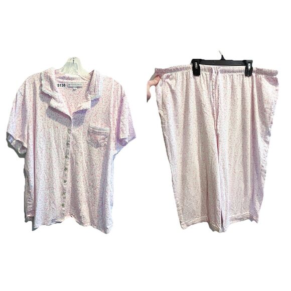 Eileen West Pink White Floral Short Sleeve Pajama Set Sz 2x Capris Top Cotton